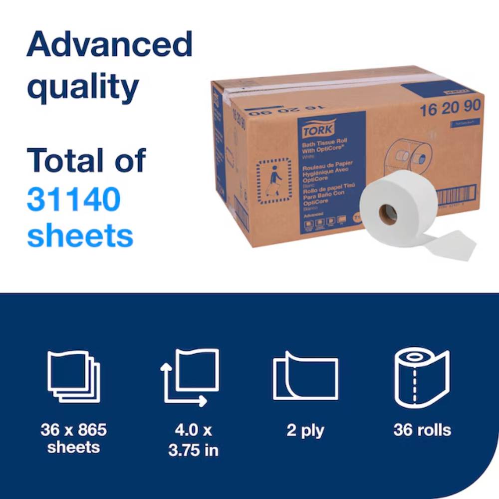 Tork OptiCore® Mid-size White 2-Ply Toilet Paper Roll - Case of 36 - #162090