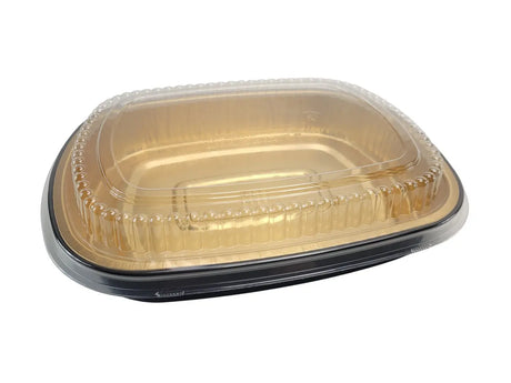 Large 64 oz. Black and Gold Foil Entrée or Take Out Pan with Dome Lid - Case of 50 Durable Packaging