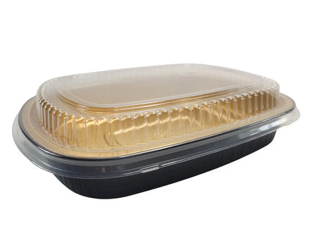 Large 64 oz. Black and Gold Foil Entrée or Take Out Pan with Dome Lid - Case of 50 Durable Packaging
