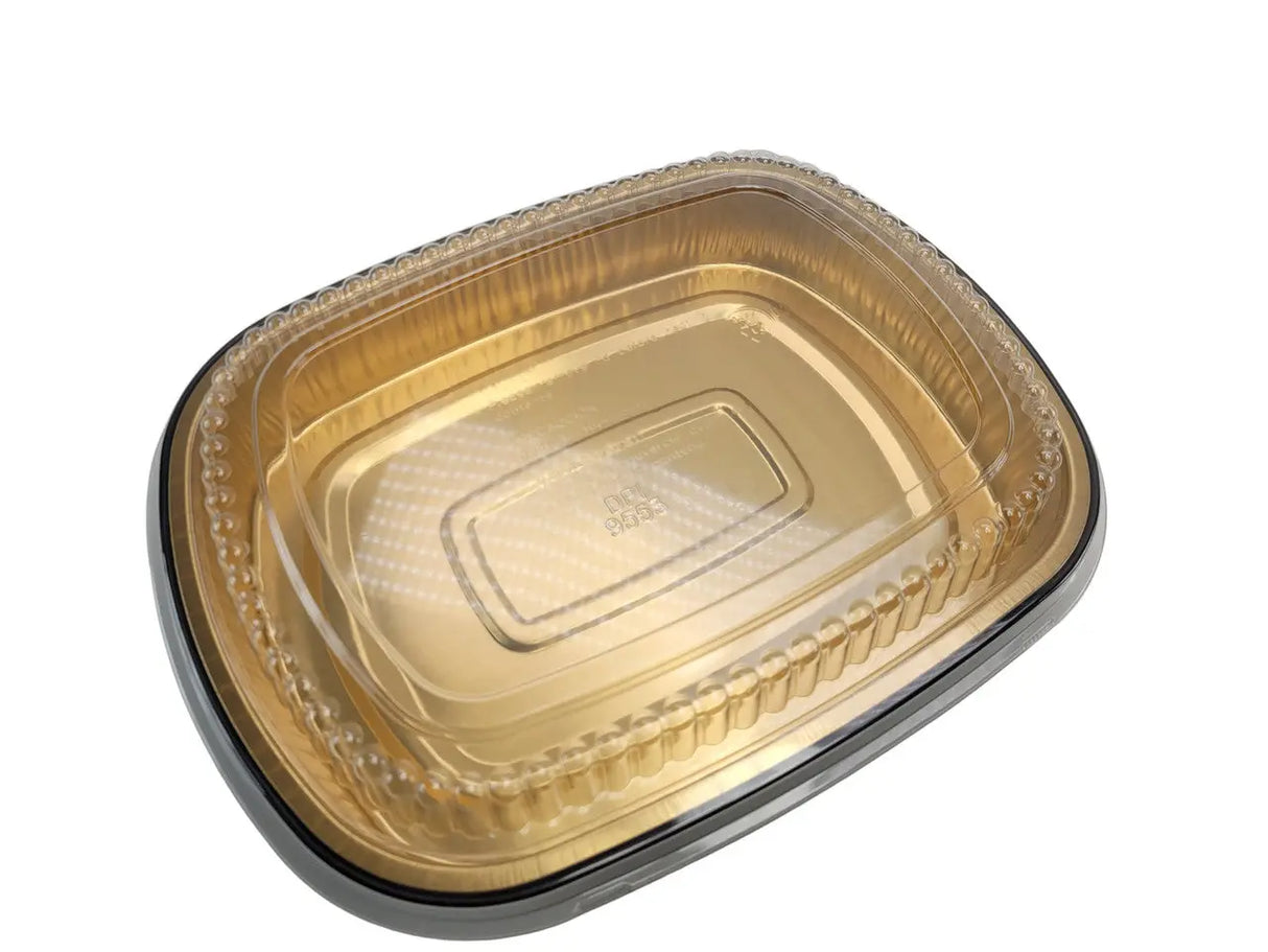 Large 64 oz. Black and Gold Foil Entrée or Take Out Pan with Dome Lid - Case of 50 Durable Packaging