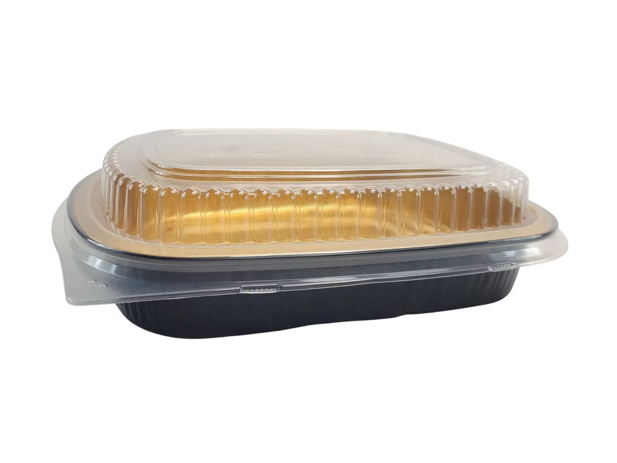 Medium 47 oz. Black and Gold Foil Entrée or Take Out Pan with Dome Lid - Case of 50 Durable Packaging
