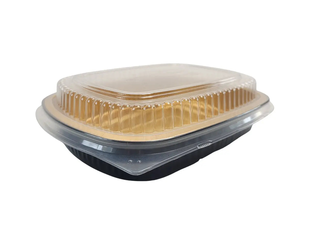 Medium 47 oz. Black and Gold Foil Entrée or Take Out Pan with Dome Lid - Case of 50 Durable Packaging