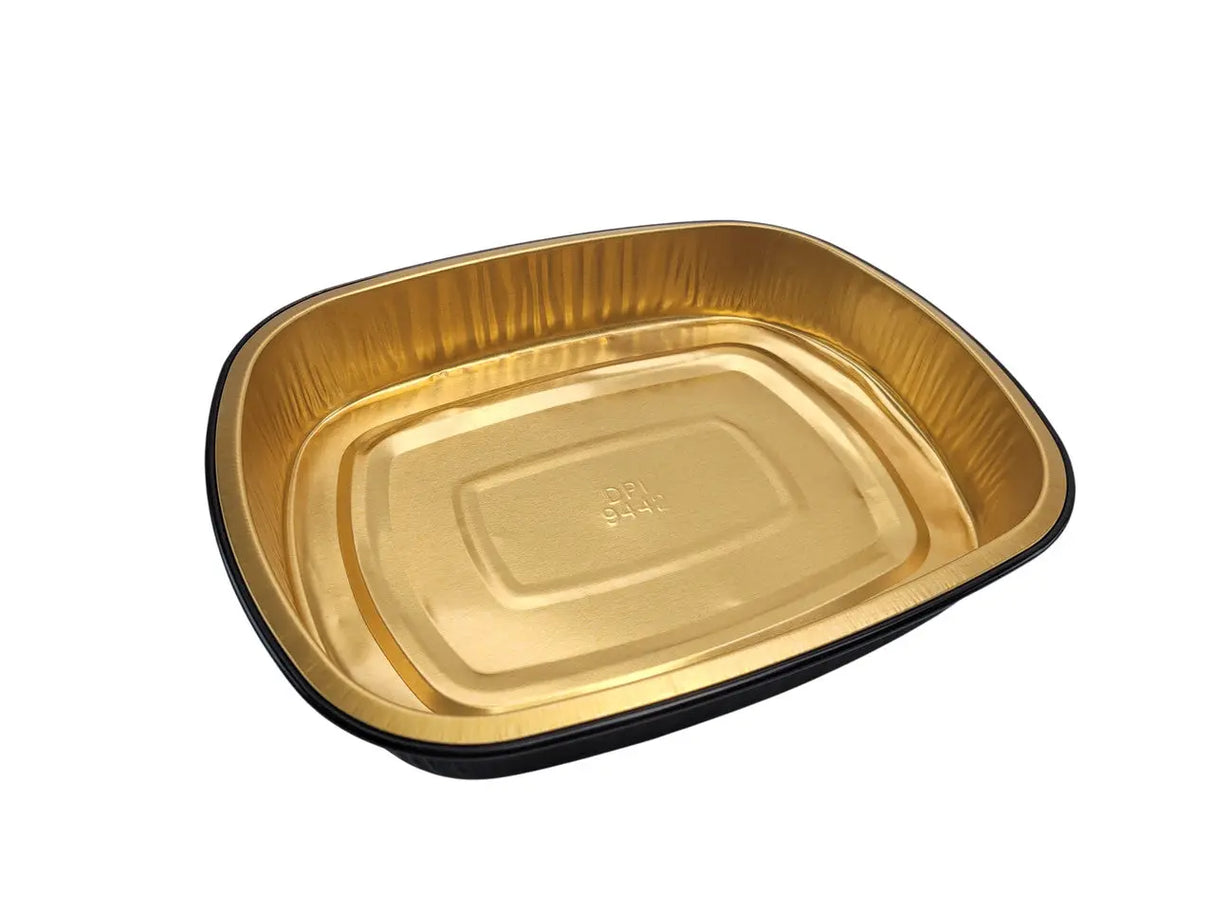Medium 47 oz. Black and Gold Foil Entrée or Take Out Pan with Dome Lid - Case of 50 Durable Packaging