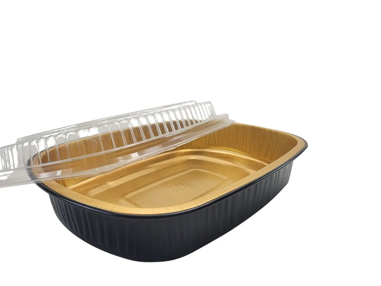 Medium 47 oz. Black and Gold Foil Entrée or Take Out Pan with Dome Lid - Case of 50 Durable Packaging