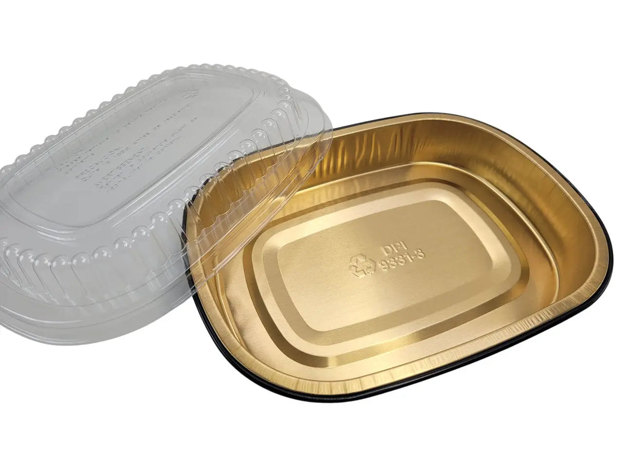 23 oz.  Black and Gold Foil Entrée or Take Out Pan with Dome Lid - Case of 100 - #9331PT Durable Packaging