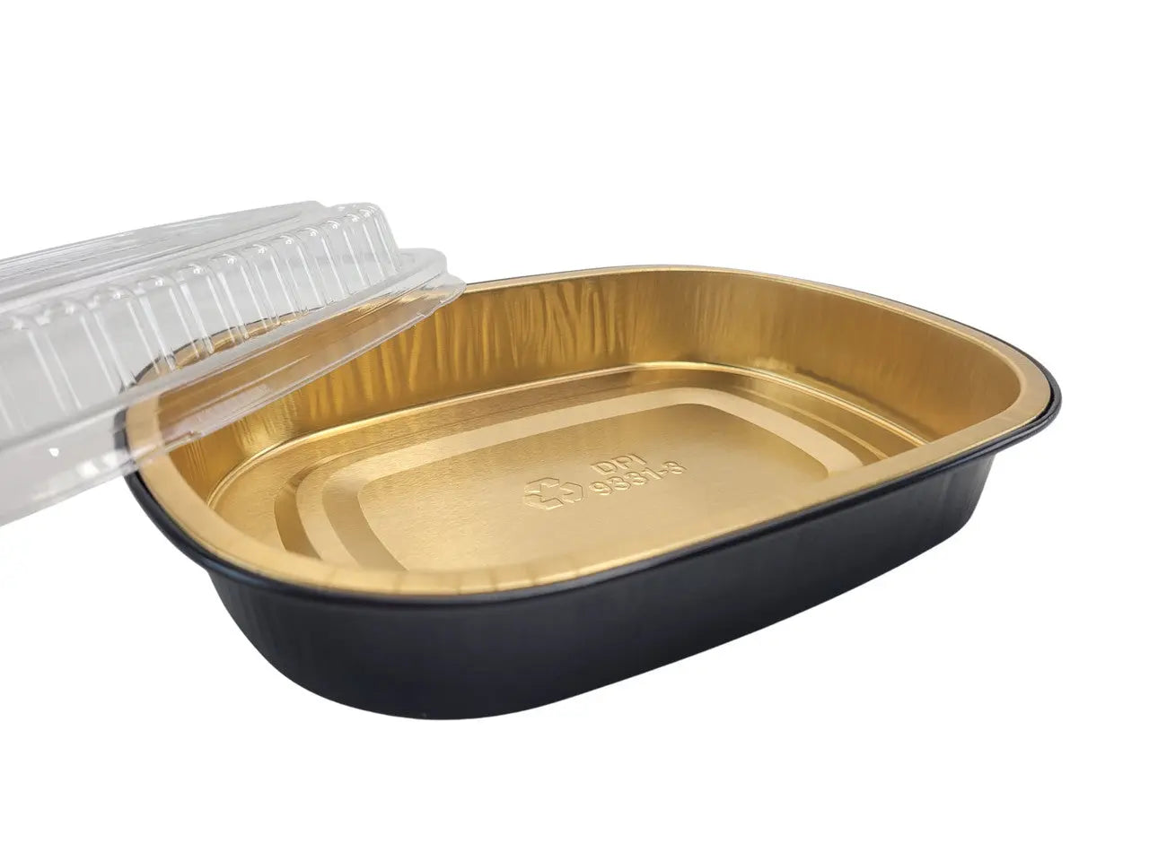 23 oz.  Black and Gold Foil Entrée or Take Out Pan with Dome Lid - Case of 100 - #9331PT Durable Packaging