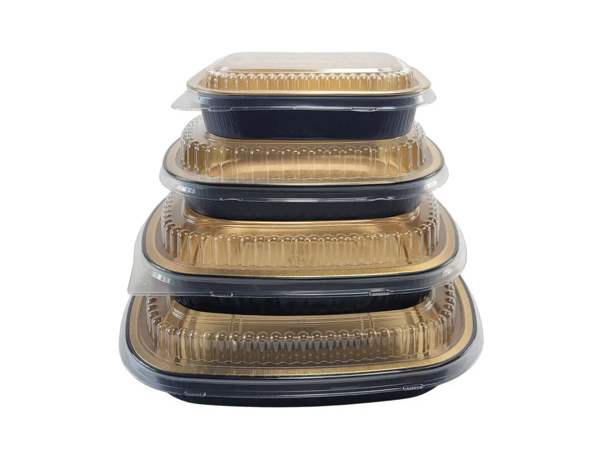 Large 64 oz. Black and Gold Foil Entrée or Take Out Pan with Dome Lid - Case of 50 Durable Packaging