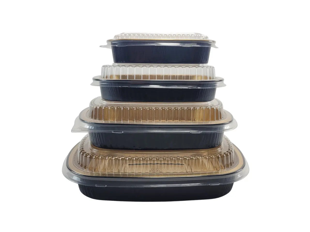 Medium 47 oz. Black and Gold Foil Entrée or Take Out Pan with Dome Lid - Case of 50 Durable Packaging