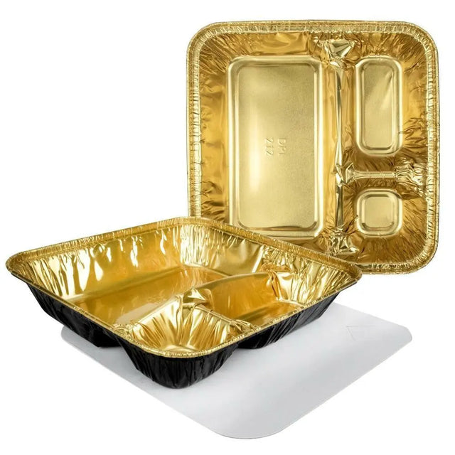 Black & Gold X- Large 3 Compartment Tray with Board Lid - Case of 250 - #2345L Durable Packaging