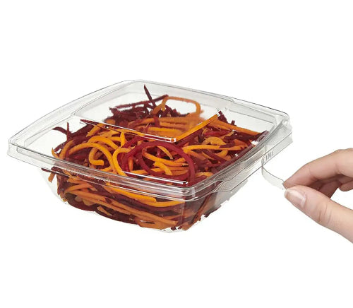32 oz hinged deli container showing its tamper evident and tamper resistant feature