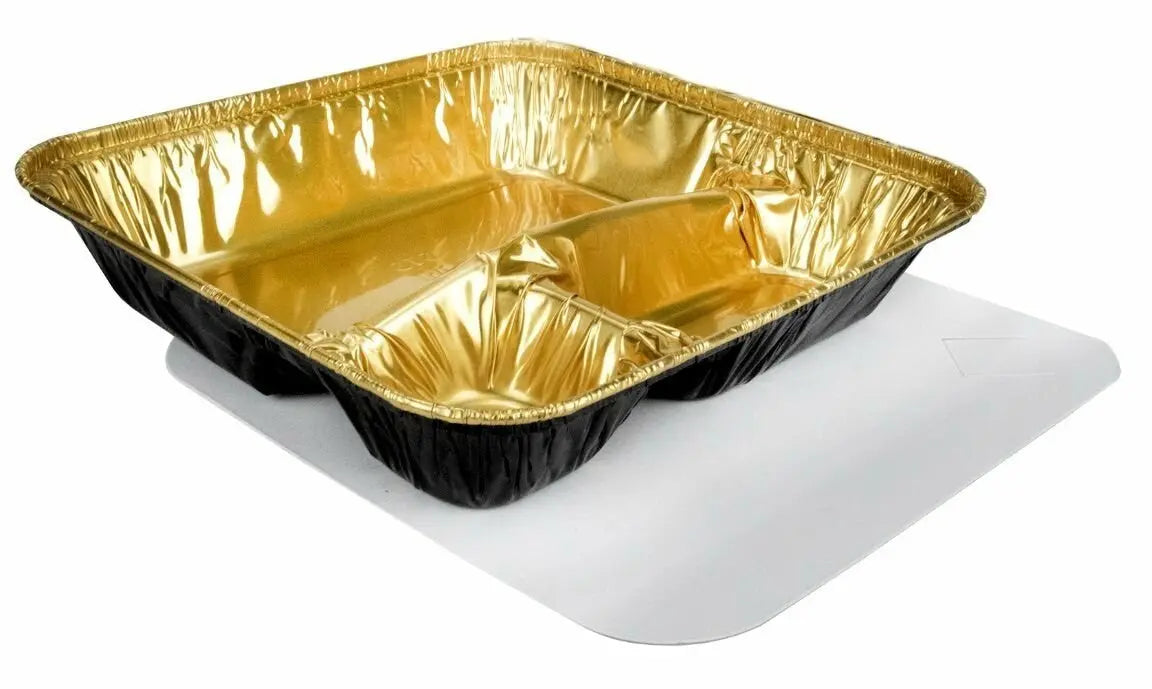 Black & Gold X- Large 3 Compartment Tray with Board Lid - Case of 250 - #2345L Durable Packaging