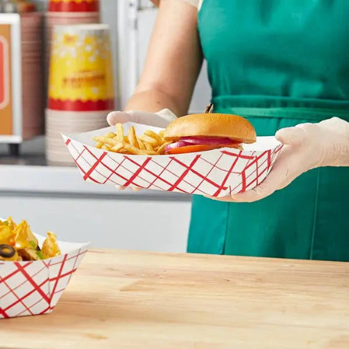 5 lb. compostable food tray with burger and fries in it