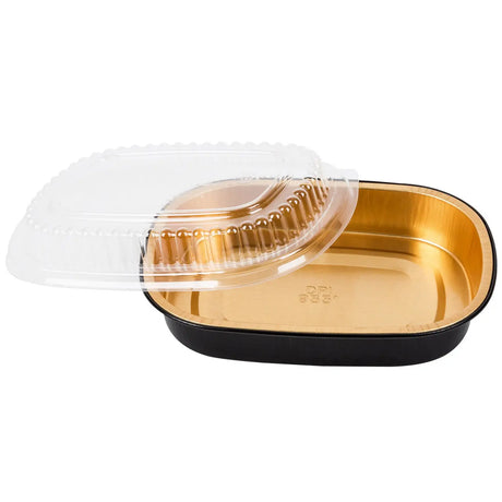 23 oz.  Black and Gold Foil Entrée or Take Out Pan with Dome Lid - Case of 100 - #9331PT Durable Packaging