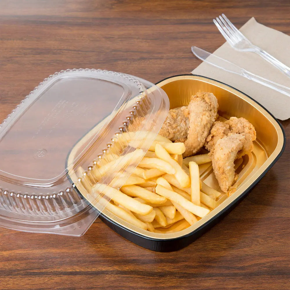Medium 47 oz. Black and Gold Foil Entrée or Take Out Pan with Dome Lid - Case of 50 Durable Packaging