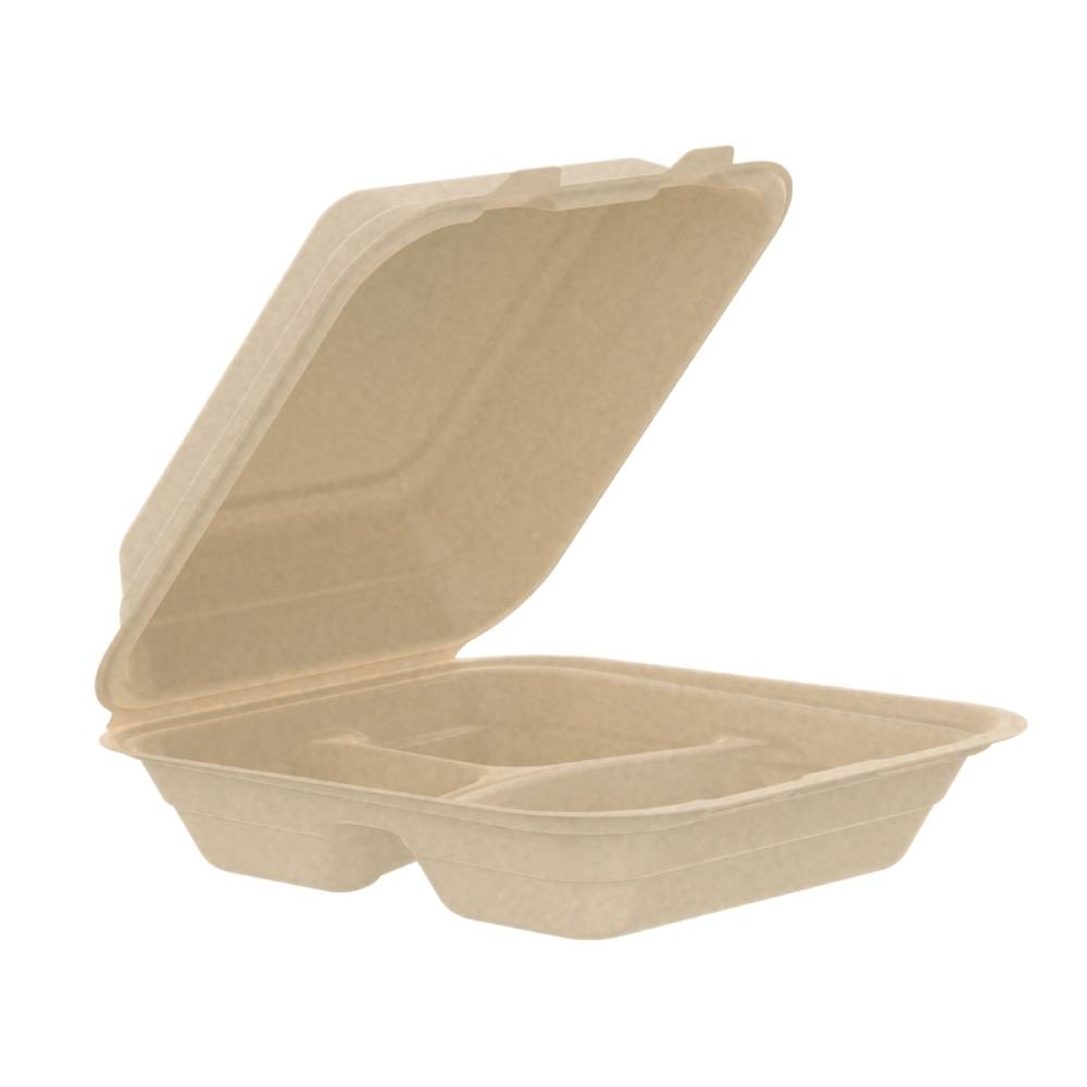 8" PFAS-Free Fiber 3-Compartment Hinged Takeout Container, Natural - Case of 200 - #80FBRHT3