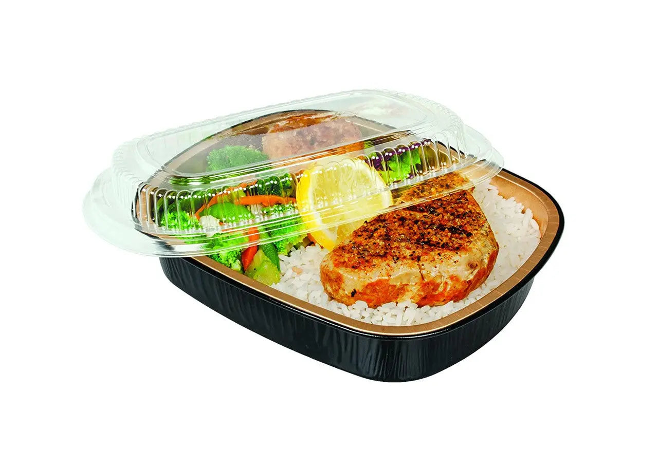 23 oz.  Black and Gold Foil Entrée or Take Out Pan with Dome Lid - Case of 100 - #9331PT Durable Packaging
