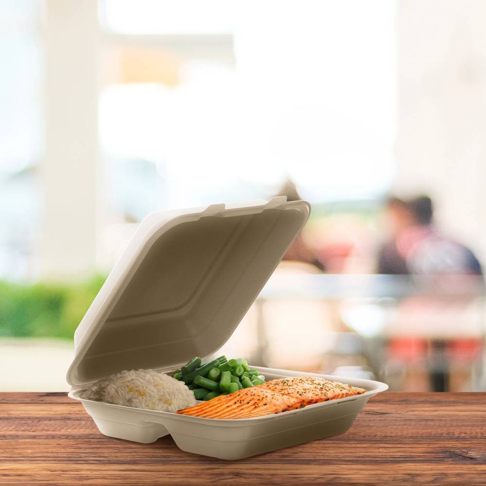 9" PFAS-Free Fiber 3-Compartment Hinged Takeout Container, Natural - Case of 200 - #90FBRHT3