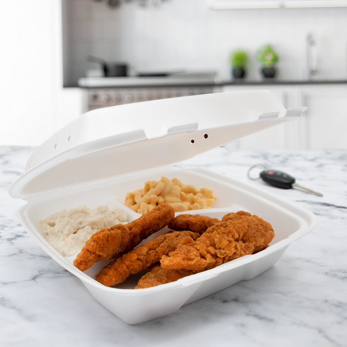 9" XPS Foam 3-Compartment White Container with Vented Removable Lid - Case of 200 - #90HTPF3VR