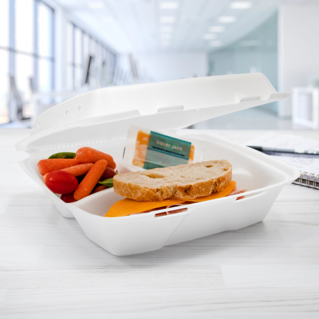 9" XPS Foam 3-Compartment White Container with Vented Removable Lid - Case of 200 - #90HTPF3VR