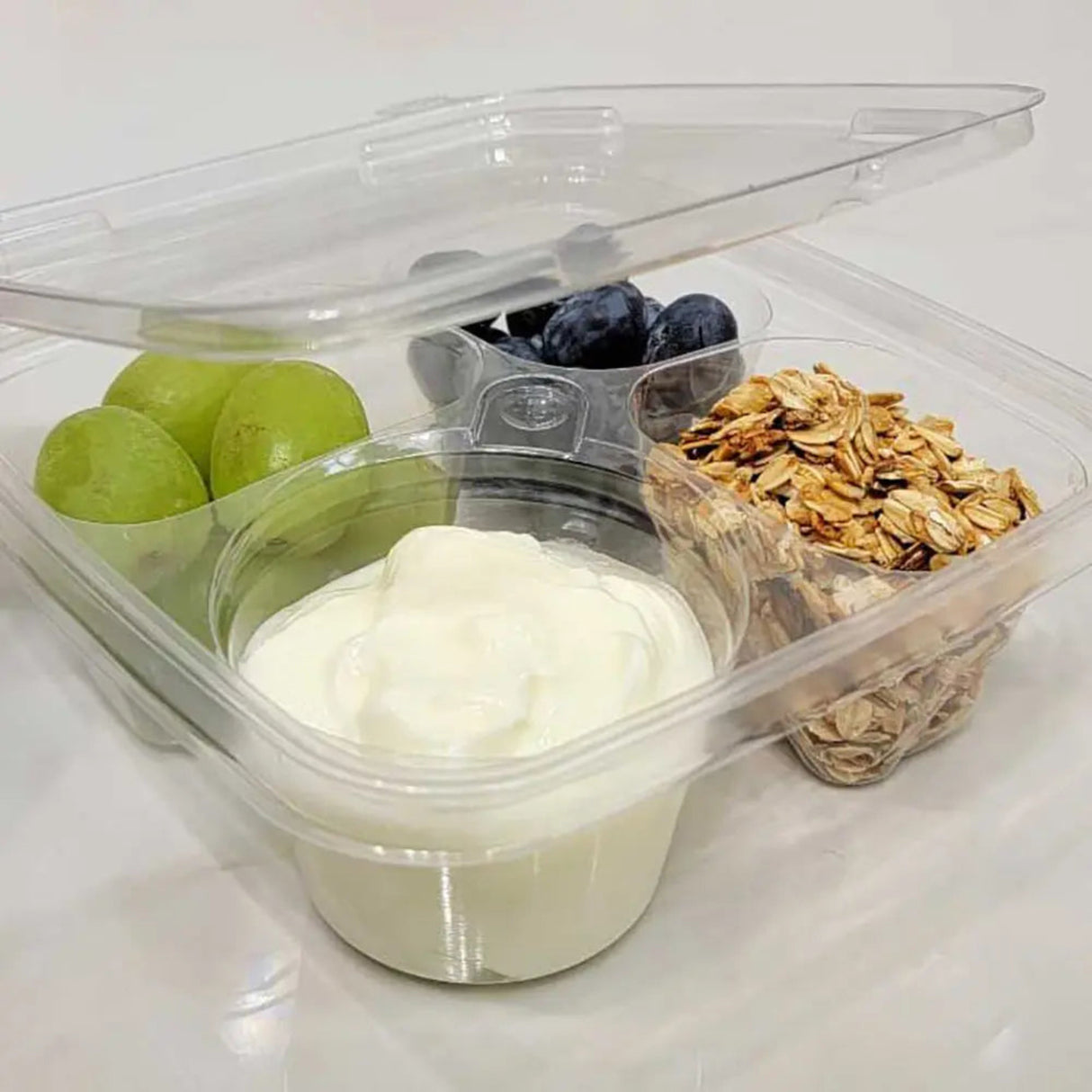 Inline Plastics Safe-T-Fresh 6x6 Tamper Evident & Tamper Resistant 4 Compartment Clamshell - Case of 252 - #TSSB3R Inline Plastics