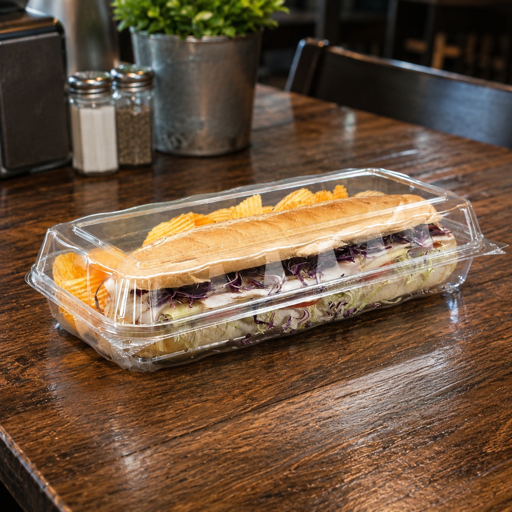 CrystalFresh 13 x 6 Rectangular No Rib Design Hinged Bakery Container with High Dome Lid - Case of 132 - #CF6095