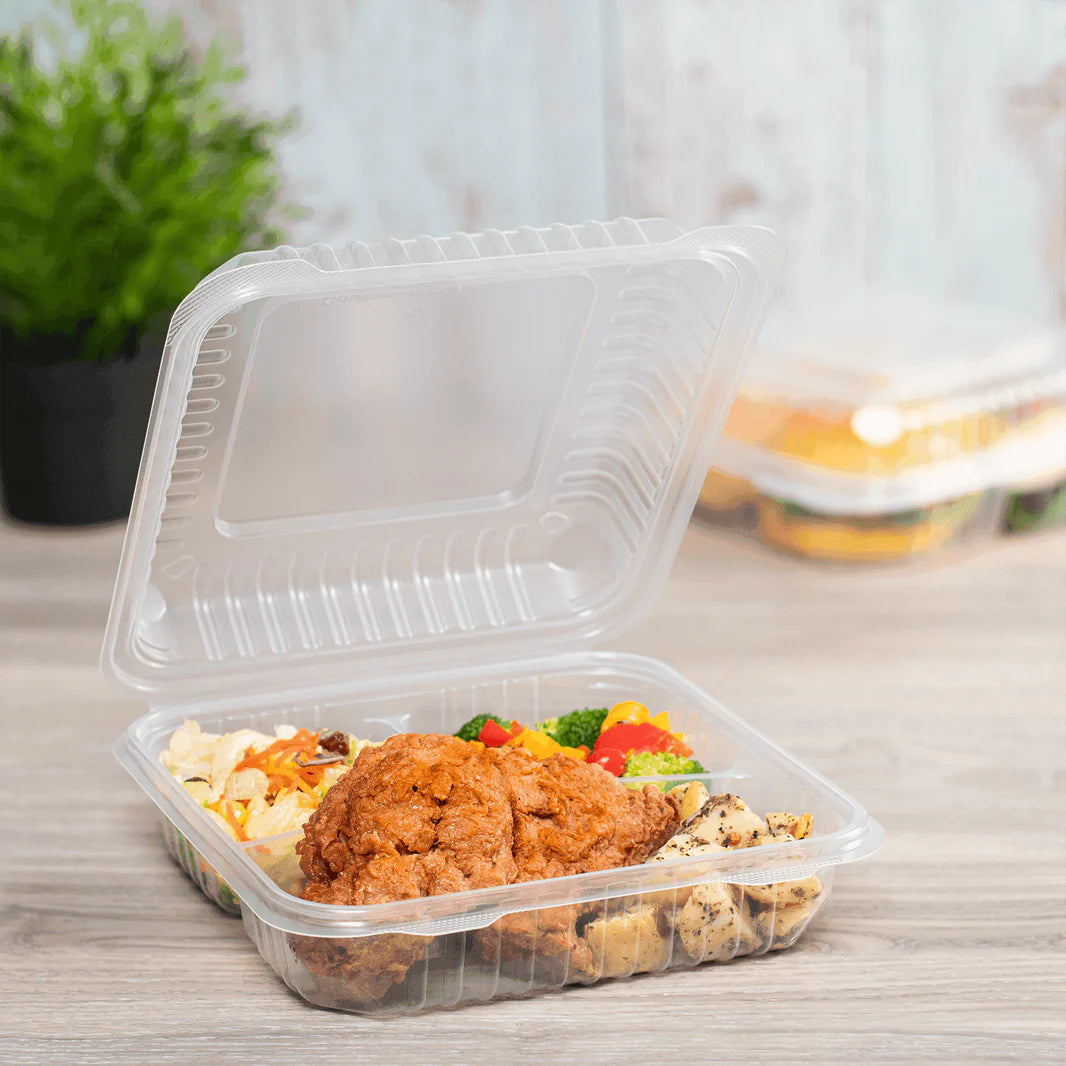 9 x 9 x 3 PP 3 Compartment Clear Hinged Take Out Container - Case of 150 - #L8750008
