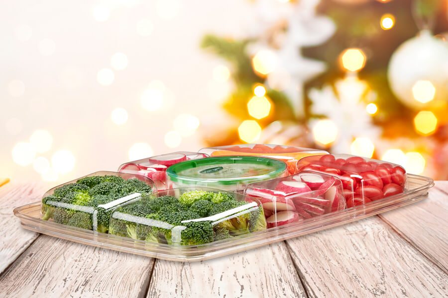 80 oz. Two-Piece 6 Compartment Platter with Center Dip Cup - Case of 60 - #PLQ80C6R