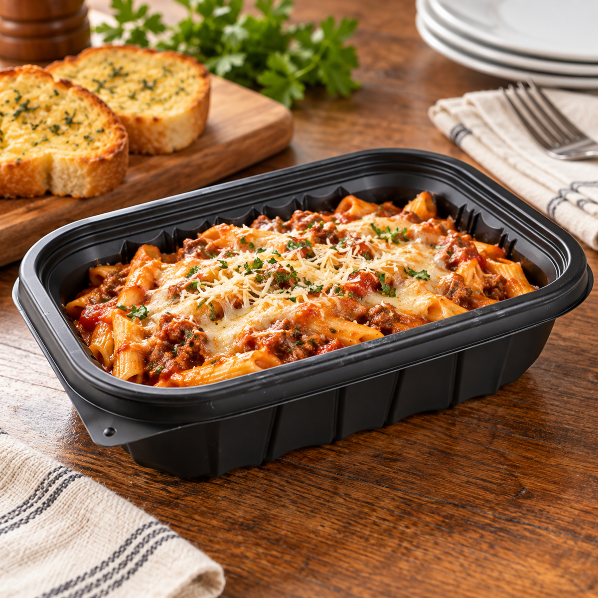 9" x 6" Entrée2Go 32 oz. Black MFPP Container - Case of 300 - #YCNB9X632000