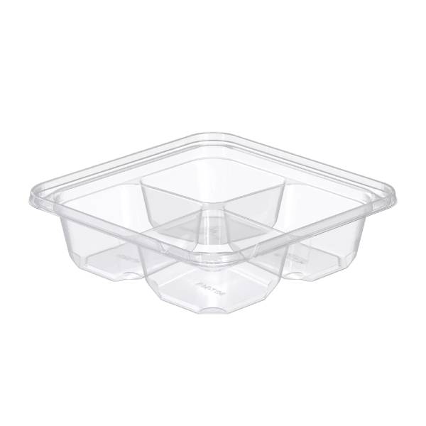 6" PET Plastic 4-Compartment Tamper-Evident/Resistant Clear Shallow Container - Case of 300 - #SBTG4S