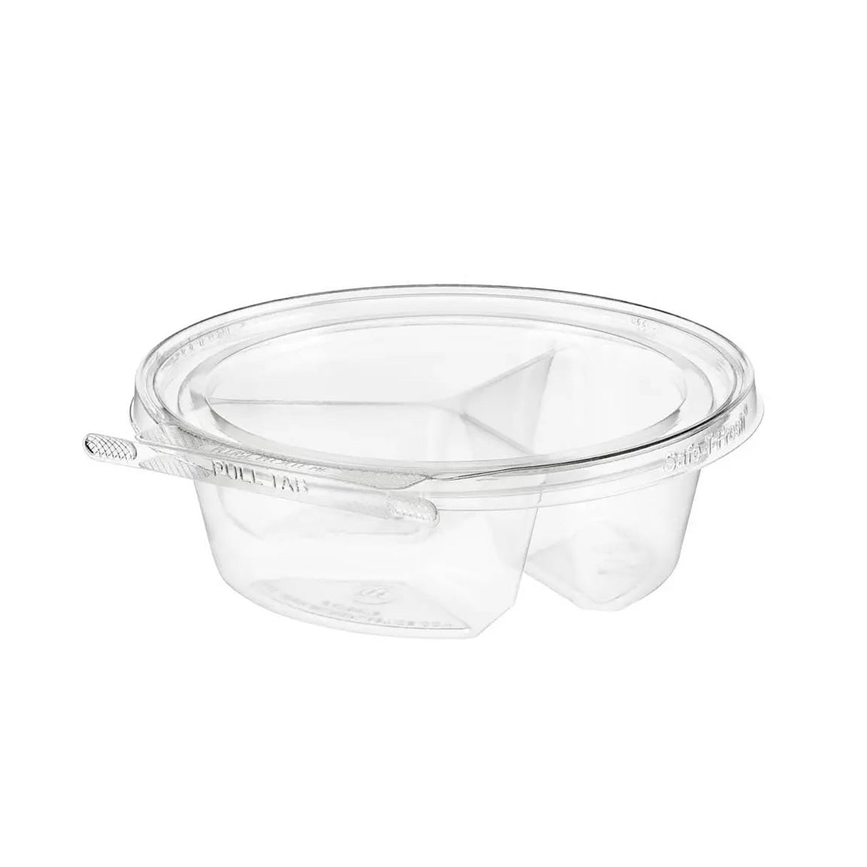 Safe-T-Fresh 7" Round Tamper Evident & Tamper Resistant 3 Compartment Clamshell Tub, 20 oz. - Case of 168 - #TS7020C3 Inline Plastics