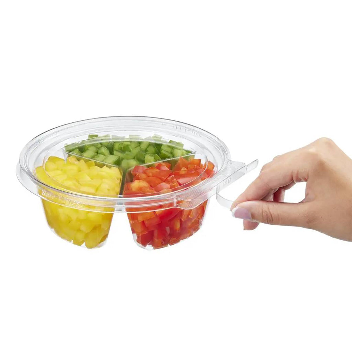 Safe-T-Fresh 7" Round Tamper Evident & Tamper Resistant 3 Compartment Clamshell Tub, 20 oz. - Case of 168 - #TS7020C3 Inline Plastics