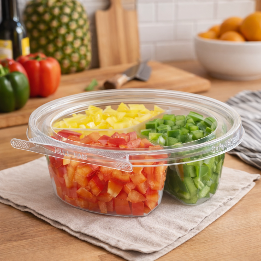 Safe-T-Fresh 7" Round Tamper Evident 3-Compartment Clamshell Tub - Case of 168 - #TS7020C3