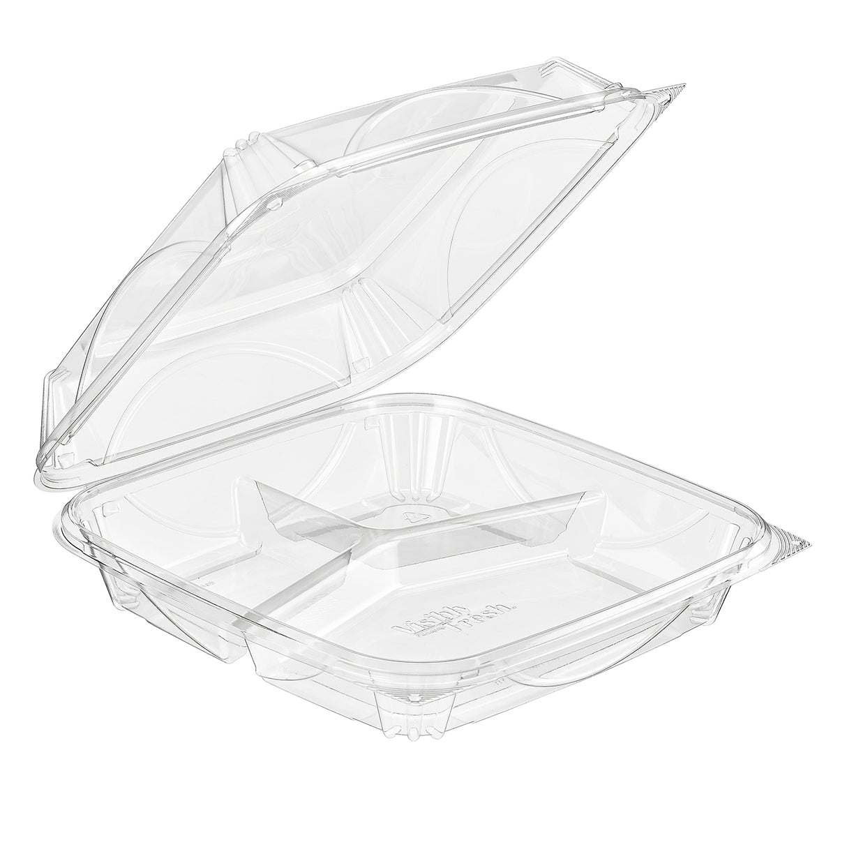 VisiblyFresh 9 x 9 Square 3-Compartment Plastic Hinged Deli Container - Case of 100 - #VF8109