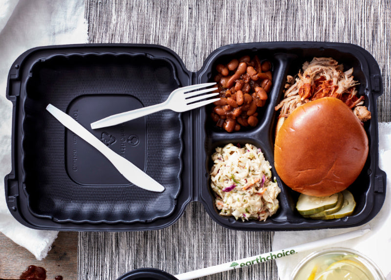 8" x 8" 3-Compartment Black MFPP Hinged Takeout Container - Case of 200 - #YCNB08030000