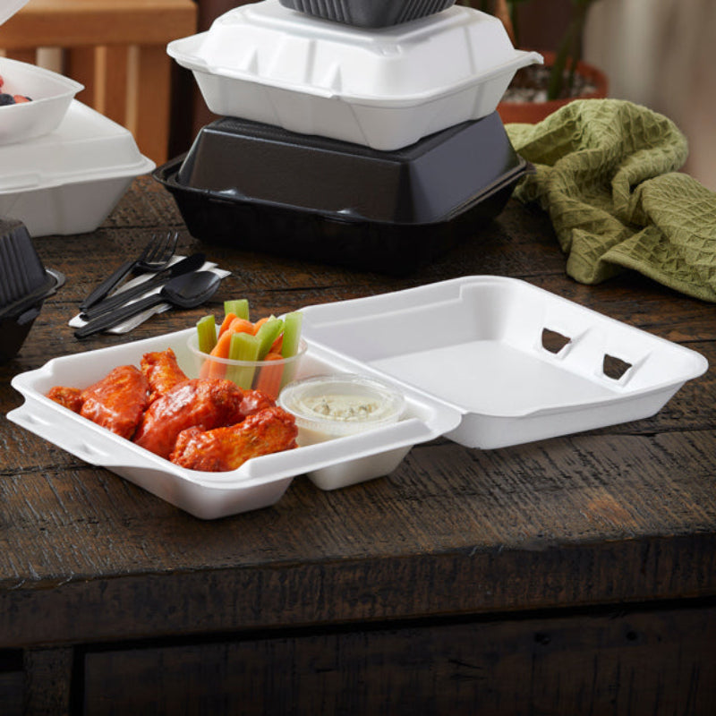 9" x 9" PS Foam 3-Compartment White Economy Hinged Takeout Container - Case of 150 - #YTD19903ECON