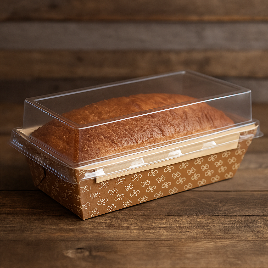 1-1/2 lb. Bakeable Kraft Paper Loaf Pan with Clear Dome Lid - Case of 370 - #31906-00072