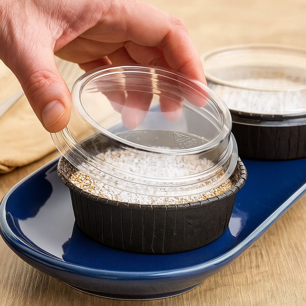 Hand holding a black container with a clear lid on a blue tray