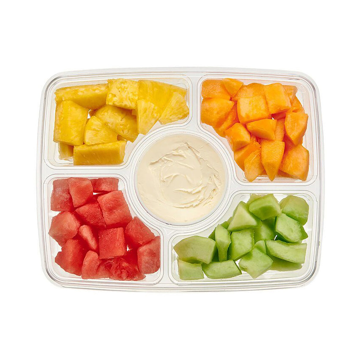 14"x 11" Two Piece Rectangular 4-Compartment Fruit Platter with Center Dip Cup  - Case of 60 - #PLQ116C4R Inline Plastics
