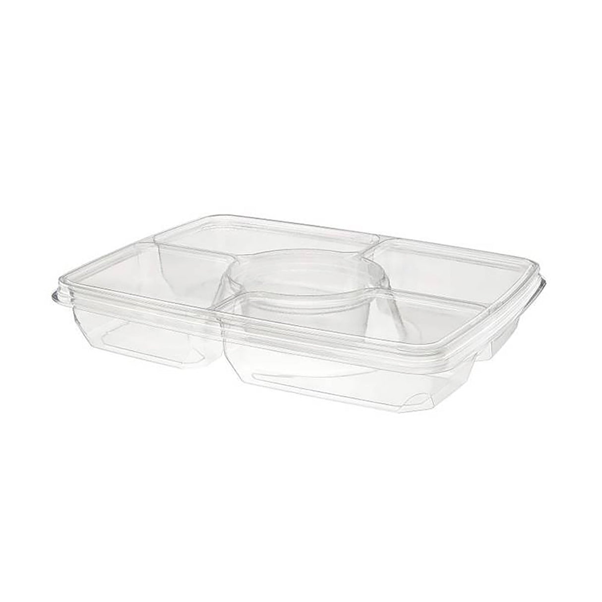 14"x 11" Two Piece Rectangular 4-Compartment Fruit Platter with Center Dip Cup  - Case of 60 - #PLQ116C4R Inline Plastics