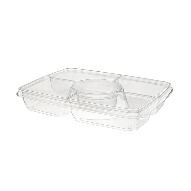 14"x 11" Two Piece Rectangular 4-Compartment Fruit Platter with Center Dip Cup  - Case of 60 - #PLQ116C4R Inline Plastics