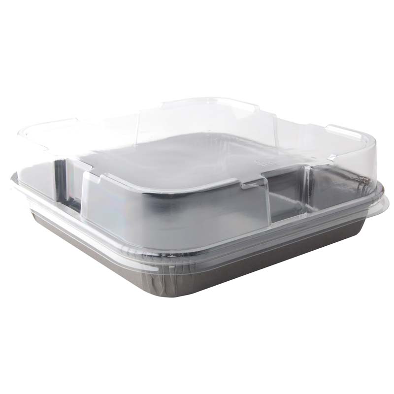 8" x 8" Ovenable Black Solid Board Rolled Rim Tray with Clear Dome Lid - Case of 240 - #13158-00129
