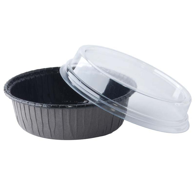 Black disposable food container with a clear lid on a white background