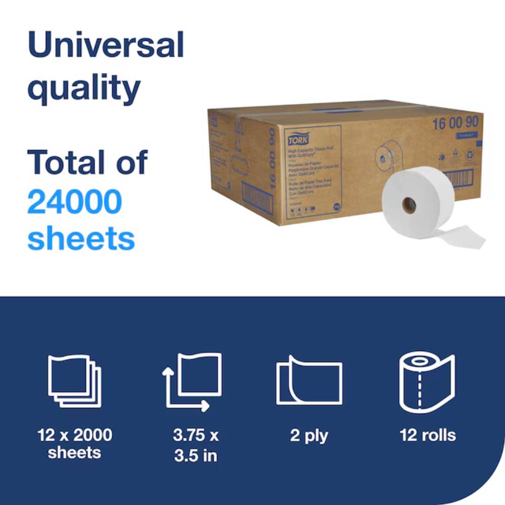 Tork OptiCore® White Mid-size 2-Ply Toilet Paper Roll - Case of 12 - #160090