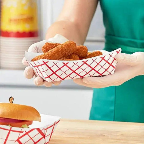 2-1/2 lb. compostable food tray with burger and fries in it