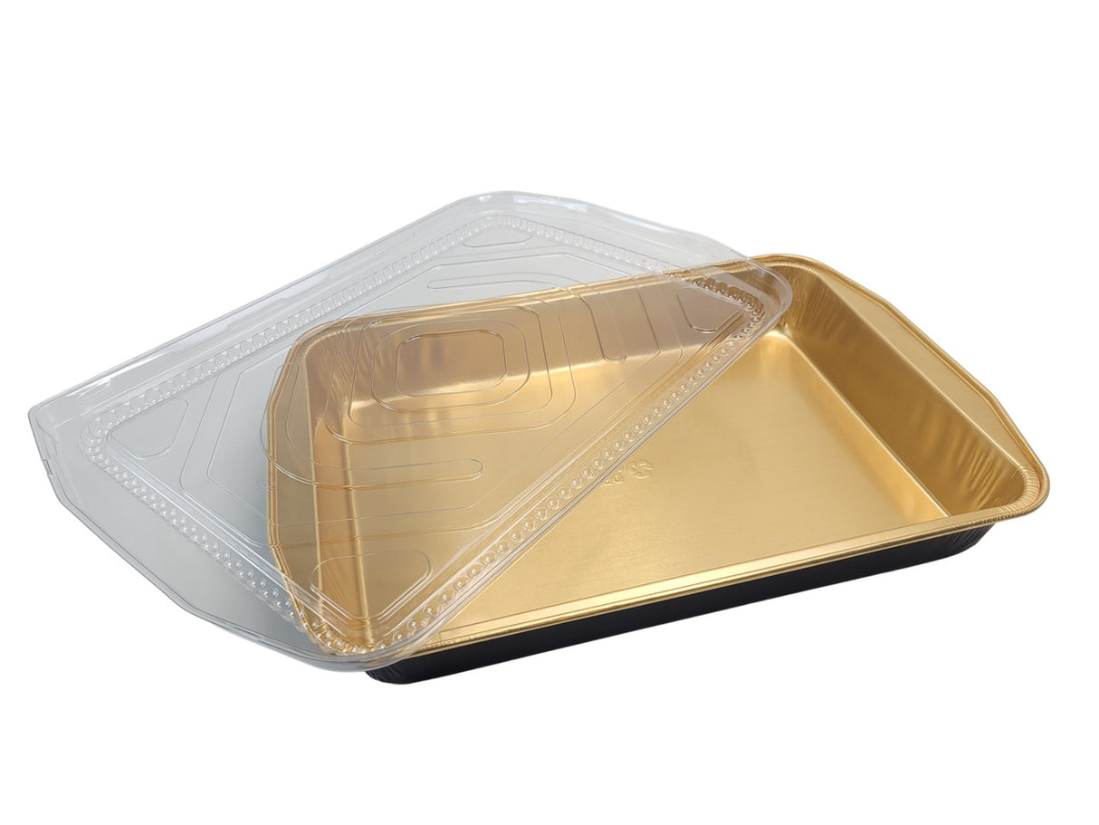 Sartén grande para platos principales o cazuelas de 108 oz con tapa abovedada, de aluminio dorado y negro - Caja de 25