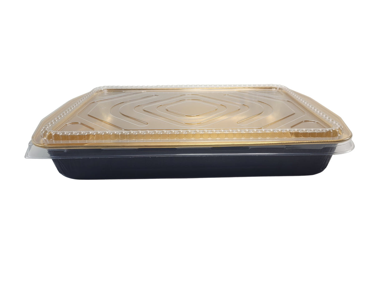 Sartén grande para platos principales o cazuelas de 108 oz con tapa abovedada, de aluminio dorado y negro - Caja de 25