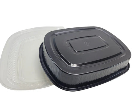 Large 64 oz. Black and Gold Foil Entrée or Take Out Pan with Dome Lid - Case of 50 Durable Packaging