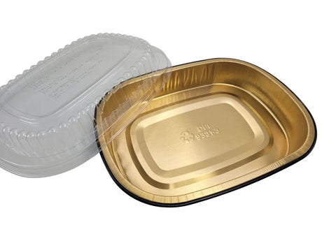 23 oz.  Black and Gold Foil Entrée or Take Out Pan with Dome Lid - Case of 100 - #9331PT Durable Packaging