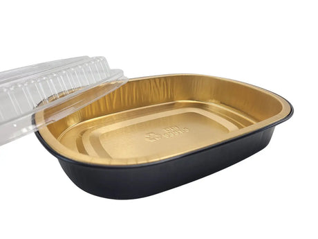 23 oz.  Black and Gold Foil Entrée or Take Out Pan with Dome Lid - Case of 100 - #9331PT Durable Packaging