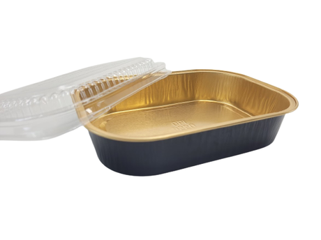 Bandeja para platos principales o para llevar de 16 oz con tapa en forma de cúpula y cubierta de papel de aluminio dorado y negro - Caja de 100